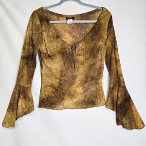 Helium Sheer V-neck Tie Front Flare Sleeve Top Brown Tan y2k Boho Vintage Medium
